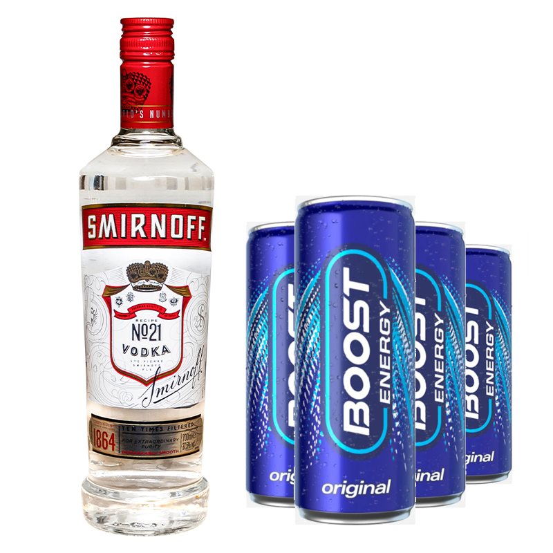 75cl Smirnoff Vodka & x4 cans of Boost